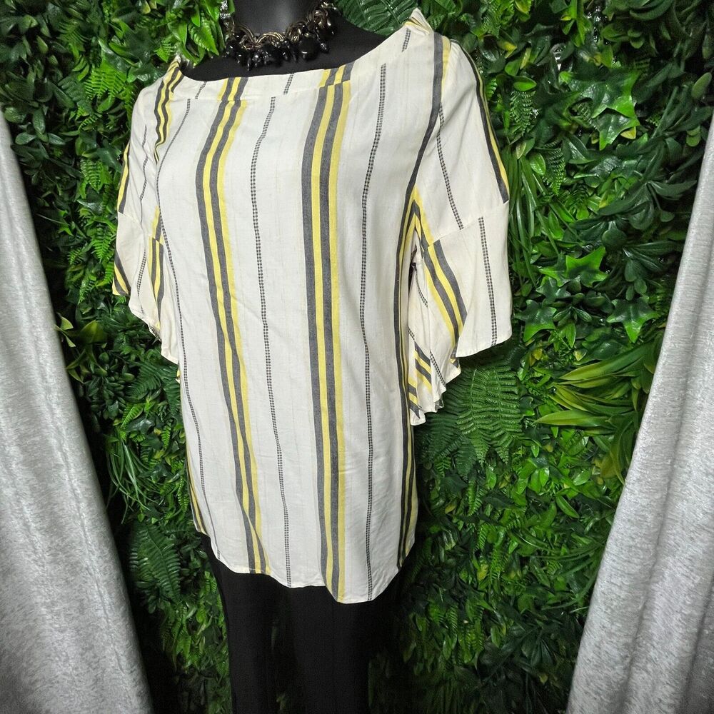Women Tops 2X Beige Blouse Striped Print Ruffle Sleeve Verxy 1507 - Picture 3 of 9
